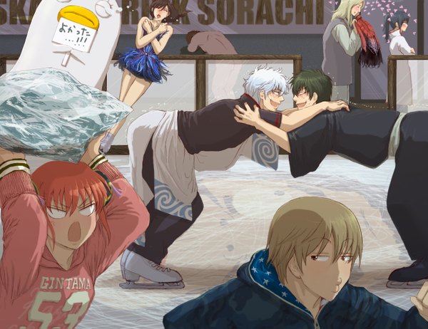 Anime picture 1378x1063 with gintama sunrise (studio) sakata gintoki kagura (gintama) hijikata toshiro okita sougo katsura kotarou kondo isao yagyuu kyuubei elizabeth sorachi hideaki tojo ayumi akko (artist) long hair blush short hair open mouth blonde hair brown hair brown eyes