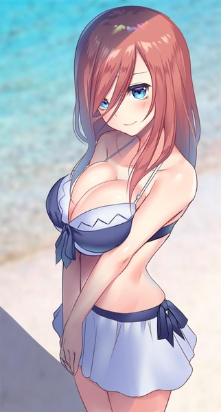 Anime picture 858x1596 with go-toubun no hanayome nakano miku kakaon single long hair tall image looking at viewer blush fringe breasts blue eyes light erotic smile brown hair large breasts standing bare shoulders cleavage outdoors head tilt