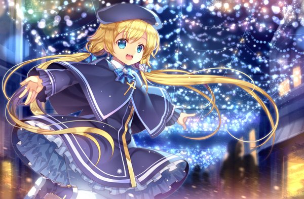 Anime picture 1432x938 with tagme (character) capura lin single long hair looking at viewer open mouth blonde hair smile twintails christmas spread arms girl dress bow hair bow beret cross garland