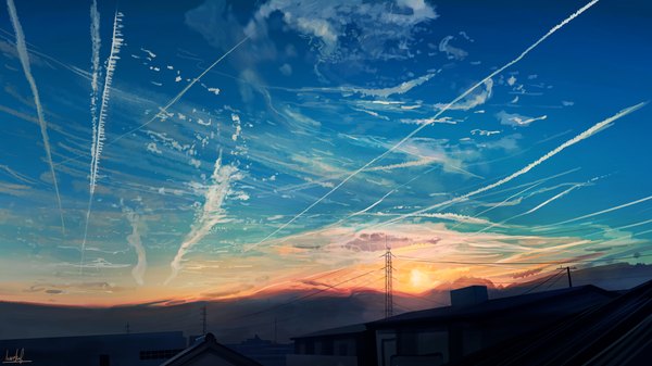 Anime picture 3840x2160 with original banishment highres wide image signed absurdres sky cloud (clouds) evening sunset horizon no people landscape building (buildings) house power lines roof