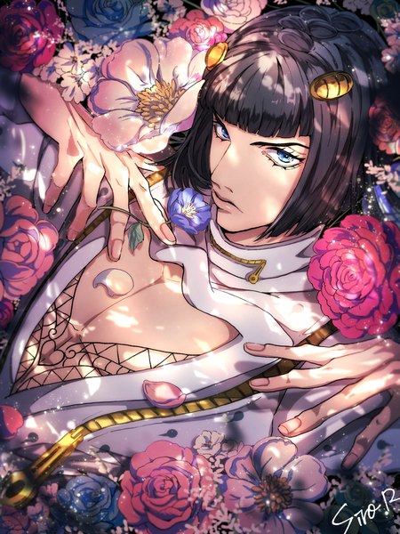 Anime picture 2700x3600 with jojo no kimyou na bouken bruno buccellati siroraku single tall image looking at viewer fringe highres short hair blue eyes black hair signed blunt bangs fingernails from above tattoo bob cut boy flower (flowers) petals