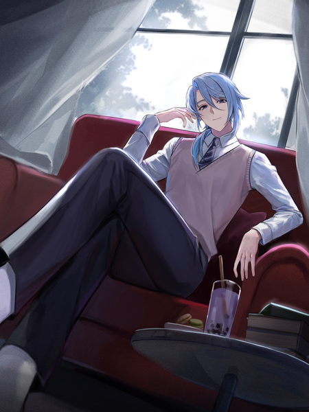 Anime picture 3341x4452 with genshin impact kamisato ayato emong single long hair tall image looking at viewer highres smile sitting purple eyes blue hair absurdres indoors head tilt mole alternate costume crossed legs low ponytail mole under mouth