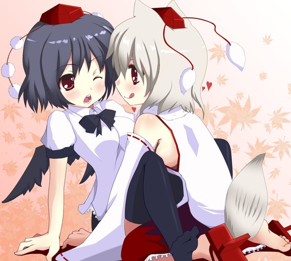 Anime picture 1116x1005 with touhou shameimaru aya inubashiri momiji kuronekogata blush short hair open mouth black hair red eyes multiple girls animal ears animal tail one eye closed wink grey hair :p girl thighhighs black thighhighs 2 girls