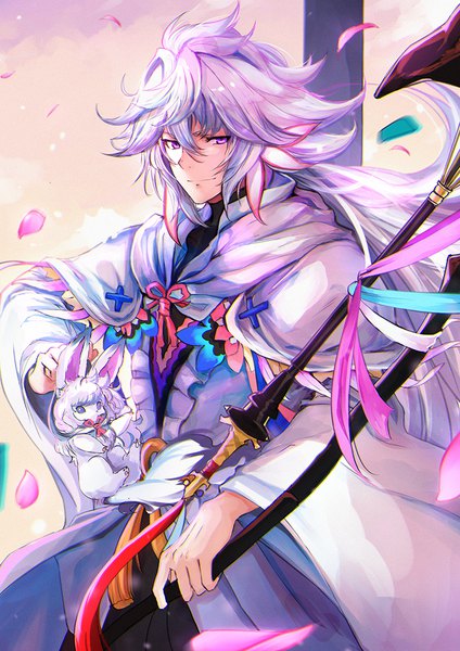 Anime picture 800x1131 with fate (series) fate/grand order fou (fate) merlin (fate) luse maonang single long hair tall image looking at viewer fringe hair between eyes purple eyes holding silver hair upper body wind boy petals tassel creature