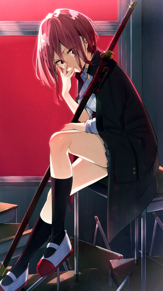 Anime-Bild 900x1600 mit original sakuragi ren single tall image looking at viewer fringe short hair black hair red eyes sitting full body red hair parted lips pleated skirt hair over one eye heterochromia clothes on shoulders hand on face classroom girl