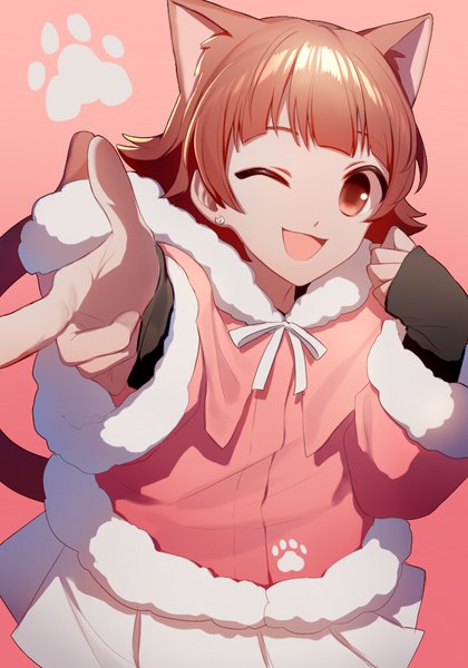 Anime-Bild 700x1000 mit idolmaster idolmaster million live! nonohara akane asd13 single tall image looking at viewer open mouth simple background brown hair brown eyes animal ears tail animal tail one eye closed wink cat ears cat tail pink background outstretched hand