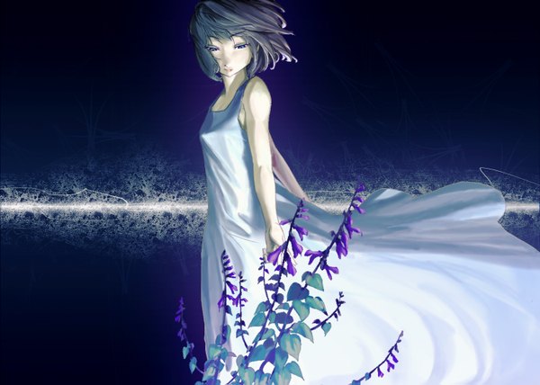 Аниме картинка 1500x1071 с akio-bako (artist) один (одна) короткие волосы голубые глаза чёрные волосы девушка платье цветок (цветы) растение (растения)