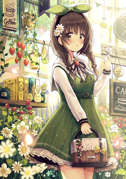 Anime picture 2894x4093 with original sakura oriko single long hair tall image looking at viewer blush fringe highres hair between eyes brown hair standing holding brown eyes payot indoors braid (braids) long sleeves parted lips hair flower