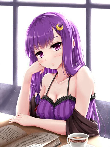 Anime picture 750x1000 with touhou patchouli knowledge tokugawa landine single long hair tall image looking at viewer blush purple eyes bare shoulders purple hair girl dress hair ornament hairclip book (books) cup