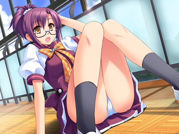 Anime picture 1200x900 with sugar+spice 2 (game) light erotic yellow eyes game cg purple hair pantyshot sitting girl underwear panties glasses serafuku