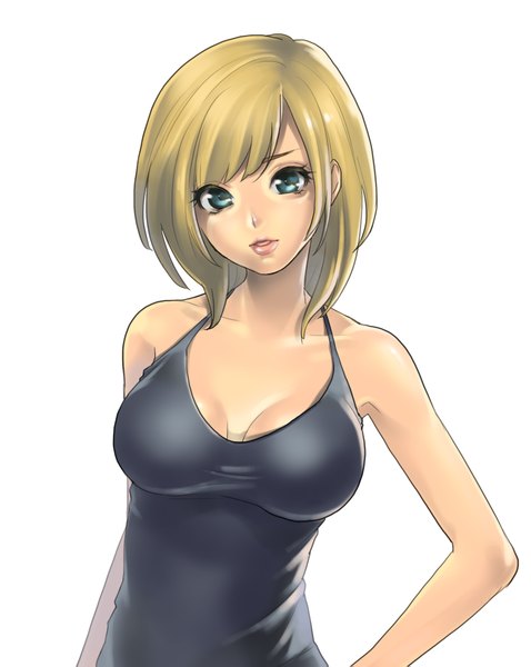 Anime picture 1680x2111 with original kawamin nagi single tall image looking at viewer fringe short hair breasts open mouth blue eyes simple background blonde hair standing white background bare shoulders cleavage lips hand on hip girl