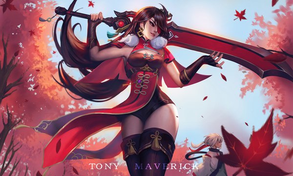 Anime picture 2000x1200 with genshin impact kaedehara kazuha beidou (genshin impact) tony maverick long hair fringe highres breasts light erotic black hair red eyes wide image standing holding signed looking away sky cleavage silver hair outdoors