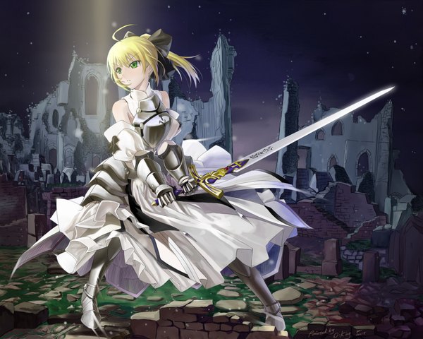 Anime picture 2000x1600 with fate (series) fate/stay night fate/zero fate/unlimited codes studio deen type-moon artoria pendragon (all) saber saber lily single long hair fringe highres blonde hair standing bare shoulders green eyes looking away ahoge ponytail