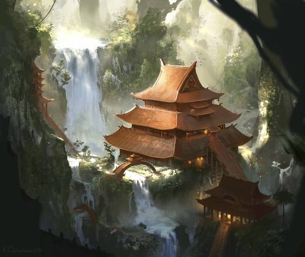 Anime picture 900x758 with original najtkriss (artist) from above sunlight light river waterfall plant (plants) tree (trees) water lantern wire (wires) bridge roof japanese house