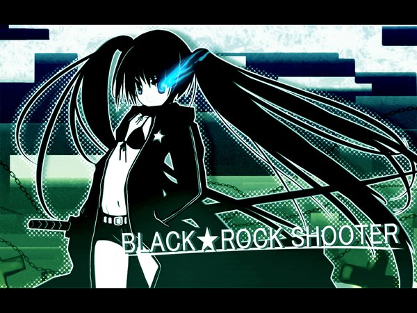 Anime picture 1024x768 with black rock shooter black rock shooter (character) single long hair blue eyes black hair twintails midriff girl sword shorts katana don