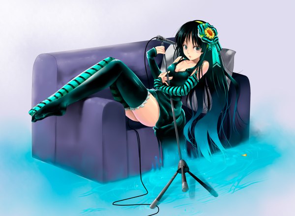 Anime picture 3132x2304 with k-on! kyoto animation akiyama mio mikami mika single long hair highres black hair green eyes absurdres hair flower girl thighhighs dress hair ornament water couch microphone stand