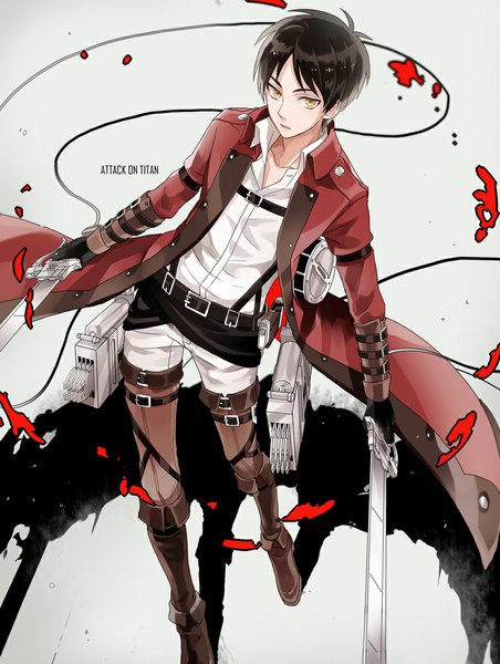 Anime picture 830x1100 with shingeki no kyojin production i.g eren yaeger michi (iawei) tall image fringe short hair standing holding yellow eyes looking away from above shadow red background dual wielding alternate color gloves uniform weapon sword
