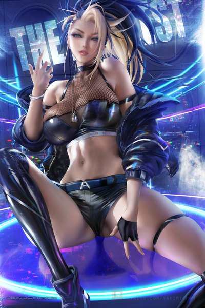 Anime picture 2533x3800 with league of legends k/da (league of legends) akali (league of legends) the baddest akali sakimichan single long hair tall image looking at viewer highres breasts light erotic large breasts bent knee (knees) ponytail parted lips head tilt multicolored hair arm up lips