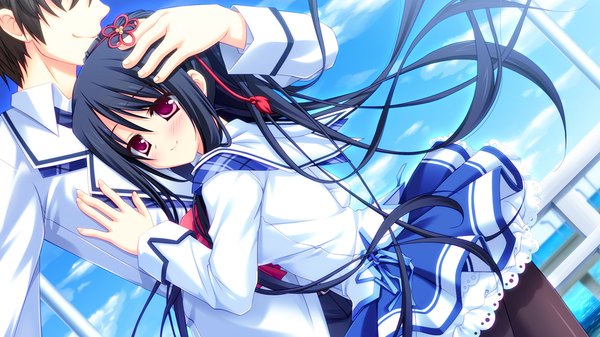 Anime picture 1024x576 with strawberry nauts yatsuka itsuki long hair blush black hair smile red eyes wide image game cg girl boy uniform school uniform