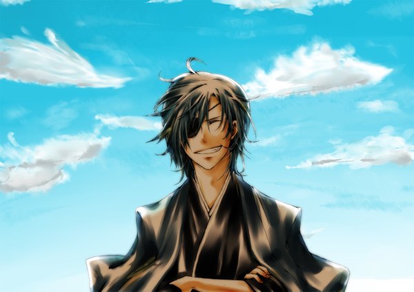 Anime picture 1600x1131 with date masamune petennshi short hair smile brown hair sky cloud (clouds) ahoge eyes closed japanese clothes clothes on shoulders boy kimono eyepatch