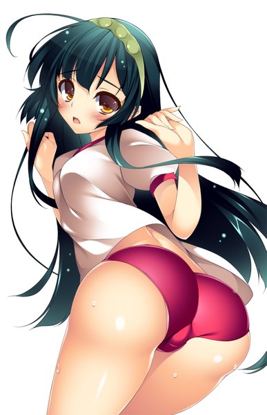 Anime picture 1075x1668 with original watanuki kaname single long hair tall image blush fringe open mouth light erotic black hair simple background white background yellow eyes ass looking back green hair from behind sweat girl uniform