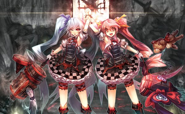 Anime picture 2000x1236 with original mamuru long hair highres open mouth red eyes wide image twintails multiple girls white hair red hair one eye closed wink holding hands light checkered skirt girl skirt 2 girls heart
