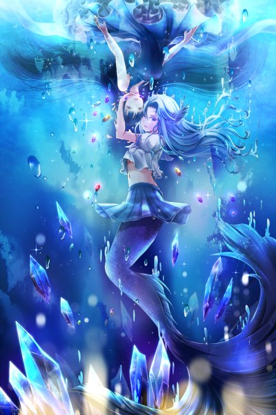 Anime picture 1000x1500 with original skyscope long hair tall image black hair purple eyes multiple girls blue hair very long hair parted lips pleated skirt aqua hair short sleeves midriff sleeveless hug underwater face to face frilly skirt upside down