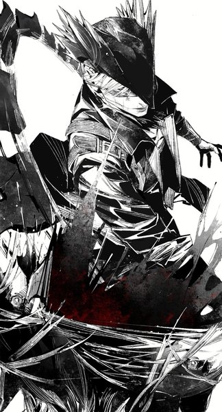 Anime picture 920x1705 with bloodborne from software hunter (bloodborne) megasus single tall image short hair simple background white background monochrome spot color boy weapon hat sword blood