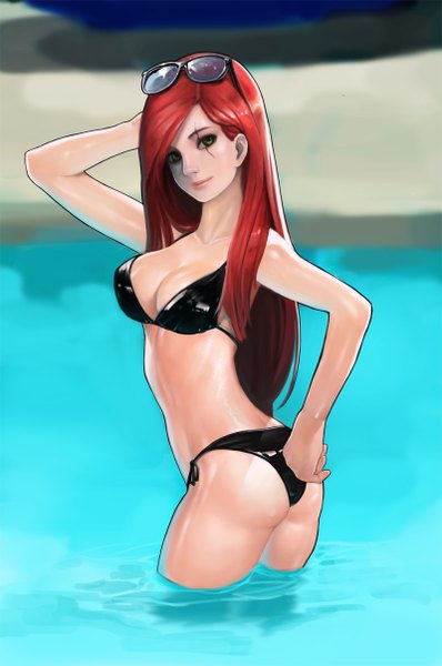 Anime picture 800x1205 with league of legends katarina (league of legends) bling single long hair tall image looking at viewer light erotic green eyes red hair scar girl swimsuit bikini glasses black bikini