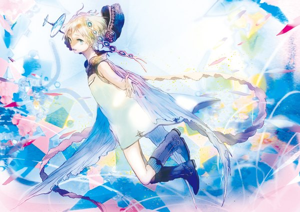 Anime picture 1600x1131 with original sugi (artist) single short hair blue eyes blonde hair spread arms girl dress hair ornament hat wings socks boots