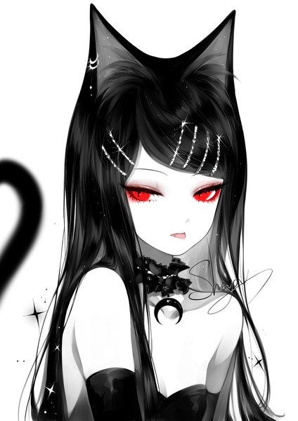 Anime picture 1414x2000 with original sheya single long hair tall image looking at viewer fringe open mouth simple background red eyes white background bare shoulders signed animal ears upper body tail animal tail blurry cat ears sparkle
