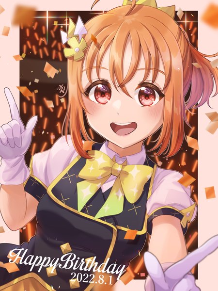 Anime picture 2250x3000 with love live! sunshine!! sunrise (studio) love live! takami chika kyaku tatsu single tall image looking at viewer blush fringe highres short hair open mouth smile hair between eyes red eyes upper body ahoge ponytail :d
