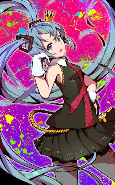 Anime picture 932x1500 with vocaloid kimagure mercy (vocaloid) hatsune miku lengchan (fu626878068) single tall image fringe open mouth hair between eyes twintails bare shoulders looking away very long hair aqua eyes aqua hair hand on hip girl gloves pantyhose white gloves