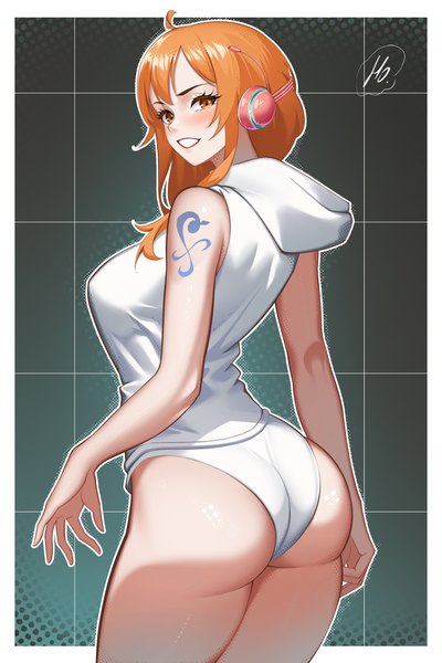 Anime picture 1500x2250 with one piece toei animation nami (one piece) ho haiiro single long hair tall image looking at viewer light erotic smile standing ass orange hair orange eyes tattoo sleeveless grin turning head border outside border