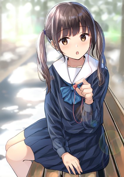 Anime picture 1055x1500 with original burenbo single long hair tall image looking at viewer blush fringe open mouth brown hair sitting twintails holding brown eyes bent knee (knees) outdoors long sleeves pleated skirt sunlight blurry