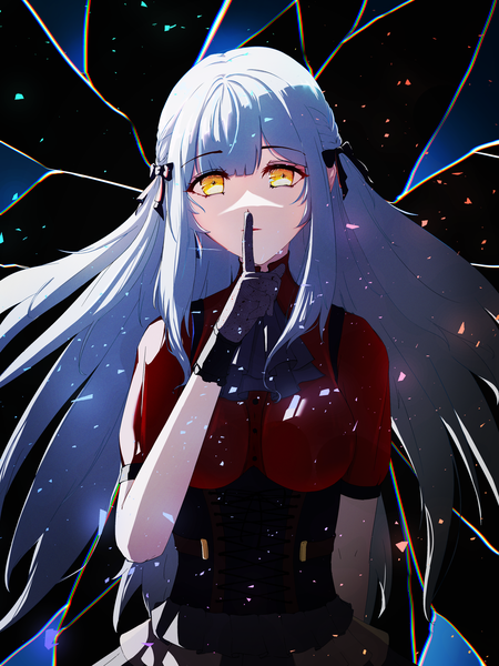 Anime picture 3000x4000 with bang dream! bang dream! it's mygo!!!!! togawa sakiko shiroshiki single long hair tall image looking at viewer fringe highres yellow eyes payot silver hair upper body blunt bangs braid (braids) arm up finger to mouth dark background shaded face