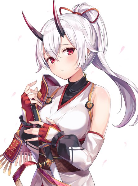 Anime picture 2390x3220 with fate (series) fate/grand order tomoe gozen (fate) ale nqki single long hair tall image looking at viewer blush fringe highres simple background hair between eyes red eyes white background silver hair upper body ponytail head tilt horn (horns)