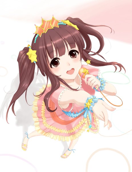 Anime picture 1000x1296 with idolmaster idolmaster cinderella girls ogata chieri saty-rokuji (artist) single long hair tall image looking at viewer blush open mouth brown hair twintails brown eyes from above girl dress hair ornament frills star (symbol) microphone