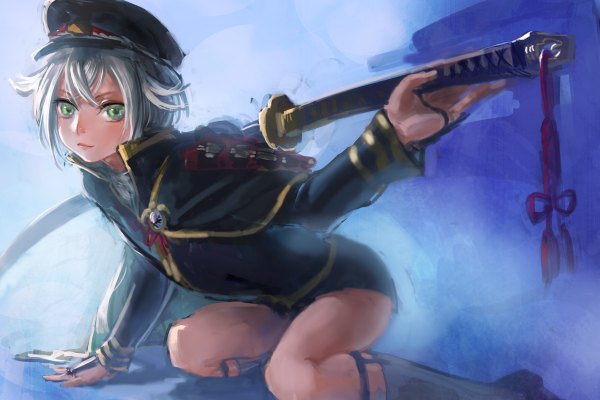 Anime picture 1200x800 with touken ranbu nitroplus hotarumaru yamakawa umi single looking at viewer fringe short hair simple background green eyes silver hair arm support kneeling outstretched arm purple background boy uniform weapon sword socks
