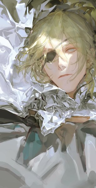 Anime picture 1048x2048 with fire emblem fire emblem: three houses nintendo dimitri alexandre blaiddyd zn ineedgta6 single tall image fringe short hair blonde hair hair between eyes parted lips realistic looking up boy eyepatch