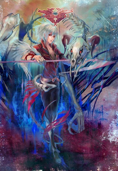 Anime picture 1461x2110 with original ic-kaname tall image looking at viewer short hair red eyes standing white hair fingernails inscription open clothes open jacket long fingernails skeleton boy weapon boots skull