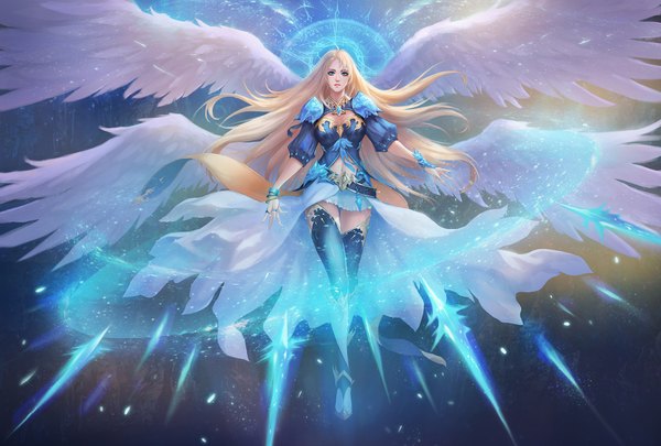 Anime picture 1777x1200 with chaosringen single long hair looking at viewer fringe highres breasts blonde hair standing realistic magic angel wings white wings glow multiple wings girl thighhighs skirt miniskirt wings