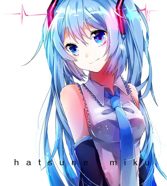Anime picture 1300x1450 with vocaloid hatsune miku illian-san single long hair tall image looking at viewer fringe blue eyes simple background smile hair between eyes white background twintails bare shoulders payot blue hair upper body character names lens flare