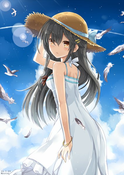 Anime picture 706x1000 with kantai collection haruna battleship myuton long hair tall image looking at viewer fringe black hair standing bare shoulders brown eyes signed sky cloud (clouds) looking back sunlight flying adjusting hat girl dress
