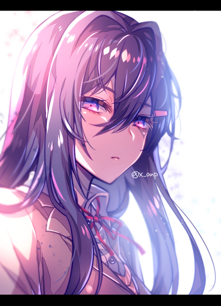 Anime picture 650x900 with doki doki literature club yuri (doki doki literature club) aicedrop single long hair tall image looking at viewer fringe simple background hair between eyes white background purple eyes signed purple hair upper body twitter username light letterboxed shaded face backlighting