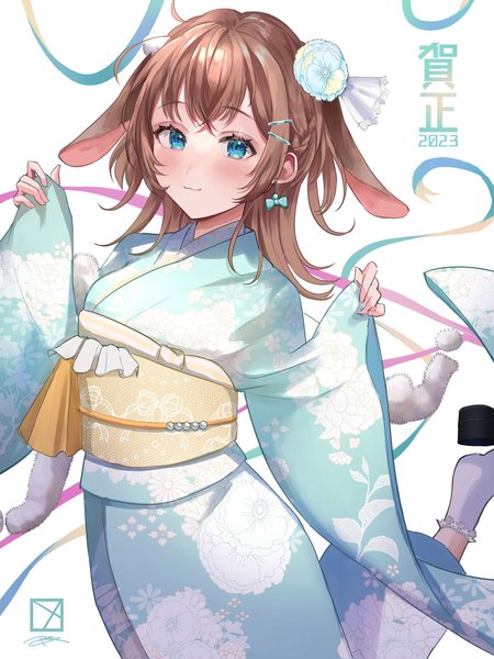 Anime picture 1200x1600 with original pericokitajima single long hair tall image looking at viewer blush blue eyes brown hair animal ears traditional clothes japanese clothes bunny ears new year 2023 girl kimono obi bobby pin