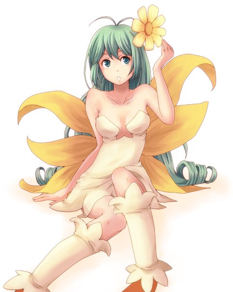 Anime picture 1600x2000 with puzzle & dragons alraune (p&d) single long hair tall image blush open mouth simple background white background sitting bare shoulders looking away hair flower aqua eyes aqua hair drill hair girl hair ornament flower (flowers)