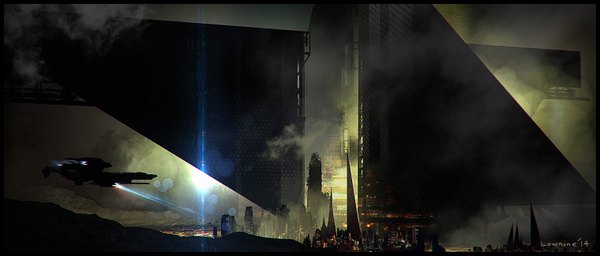 Anime picture 1520x650 with original lownine (amuza) wide image signed cloud (clouds) city border no people scenic futuristic aircraft