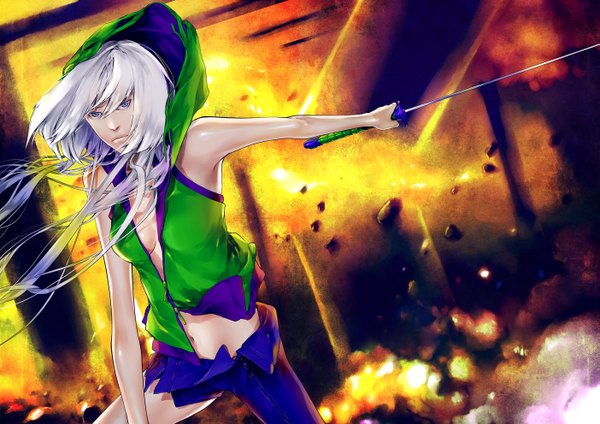 Anime picture 1403x992 with original zunko (jun park) long hair blue eyes white hair sleeveless torn clothes destruction girl navel weapon sword katana hood