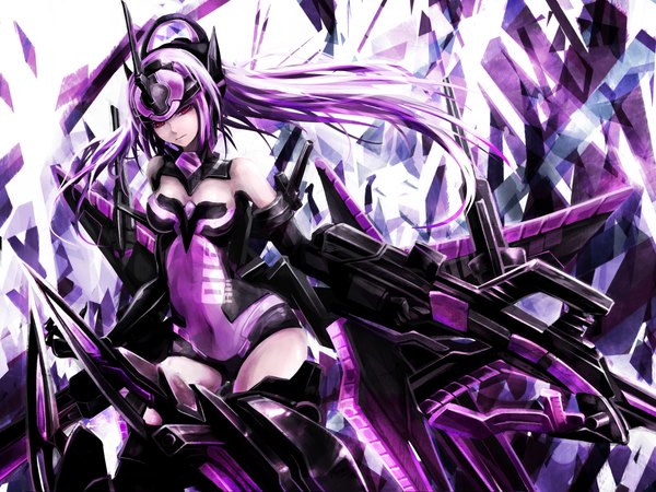 Anime picture 1920x1440 with busou shinki single long hair highres purple eyes purple hair mecha musume girl weapon gun